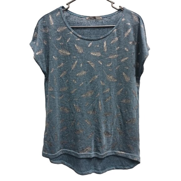 Arianna By Howards Womens BOHO Top S/M Teal Leaf Print Metallic Short Sleeve - Picture 1 of 9